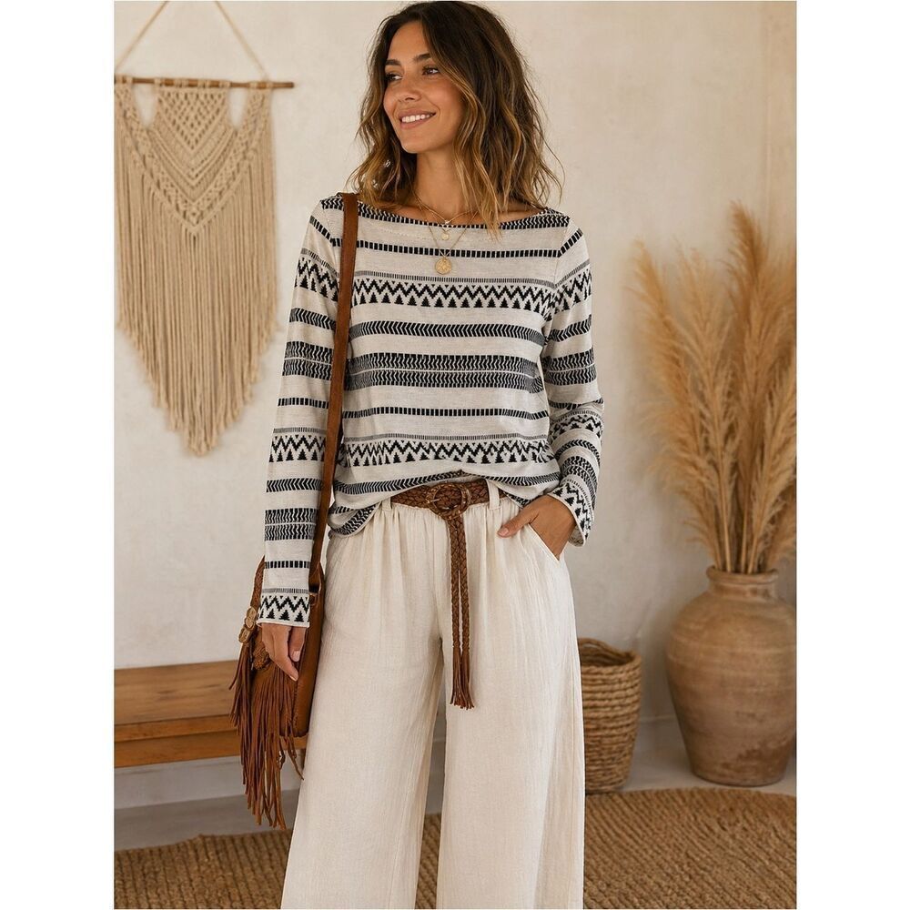 J. Jill Black and Cream Patterned Long Sleeve Top